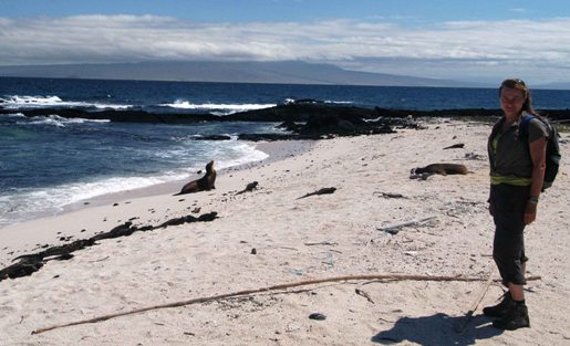 Sally Gibson and friend in the Galapagos